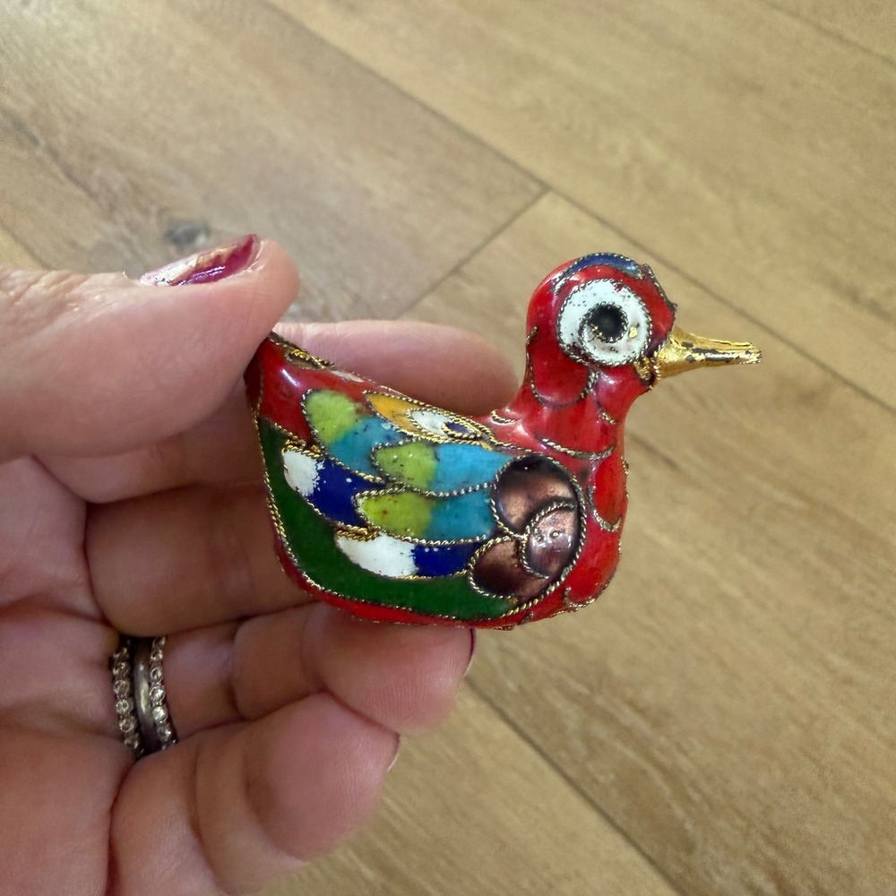 Vintage Chinese Cloisonne Enamel Duck Figurine Red Miniature Bird Filigree 1.75"
